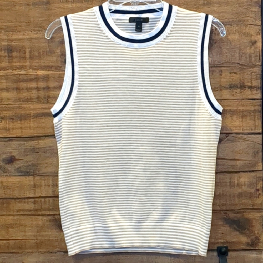 J CREW Sleeveless Crewneck Top, Lightweight Sweater, Striped and Navy Trim, Sz M